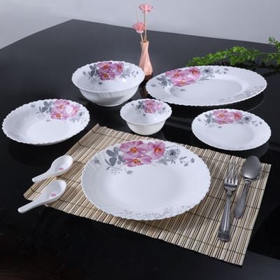 Royalford 33 Piece Opal ware Dinner Set- RF8981| Includes Dinner Plates, Quarter Plates, Oval Plates, Deep Soup Plates, Soup Bowls, Serving Bowls, Spoons| Chip-Resistant and Elegant Design| White with Floral Design