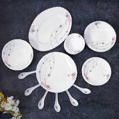 Royalford 33 Piece Opal ware Dinner Set- RF8982| Includes Dinner Plates, Quarter Plates, Oval Plates, Deep Soup Plates, Soup Bowls, Serving Bowls, Spoons| Chip-Resistant and Elegant Design| White with Floral Design