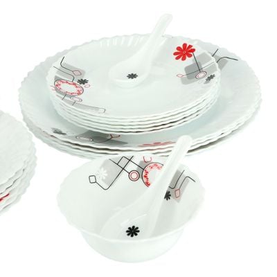 Royalford RF8983 33Pcs Opal Ware Dinner Set - Floral Design Plates, Bowls, Spoons | RF8983 | Comfortable Handling | Perfect for Family Everyday Use, & Family Get- Together, Restaurant, Banquet & More (Red & Green)