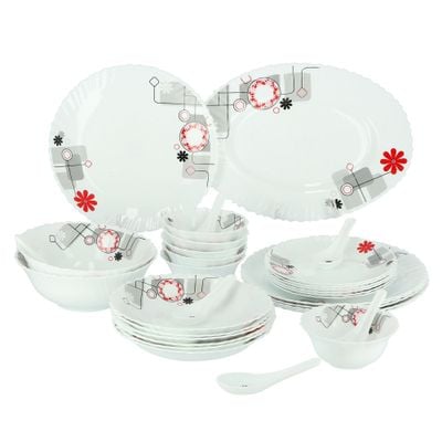 Royalford RF8983 33Pcs Opal Ware Dinner Set - Floral Design Plates, Bowls, Spoons | RF8983 | Comfortable Handling | Perfect for Family Everyday Use, & Family Get- Together, Restaurant, Banquet & More (Red & Green)