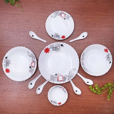 Royalford RF8983 33Pcs Opal Ware Dinner Set - Floral Design Plates, Bowls, Spoons | RF8983 | Comfortable Handling | Perfect for Family Everyday Use, & Family Get- Together, Restaurant, Banquet & More (Red & Green)