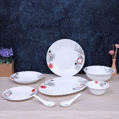 Royalford RF8983 33Pcs Opal Ware Dinner Set - Floral Design Plates, Bowls, Spoons | RF8983 | Comfortable Handling | Perfect for Family Everyday Use, & Family Get- Together, Restaurant, Banquet & More (Red & Green)