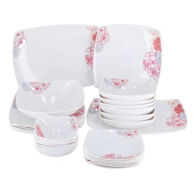 Royalford RF9754 27Pcs Opal Ware Dinner Set - Floral Design Plates, Bowls | Comfortable Handling | Perfect for family everyday use, & family Get- together, restaurant, banquet & More (Red & Blue Design)