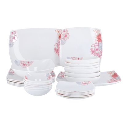 Royalford RF9754 27Pcs Opal Ware Dinner Set - Floral Design Plates, Bowls | Comfortable Handling | Perfect for family everyday use, & family Get- together, restaurant, banquet & More (Red & Blue Design)