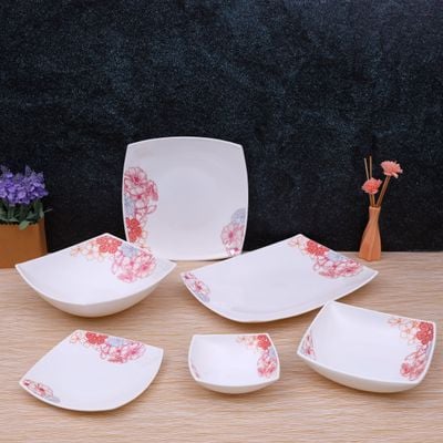 Royalford RF9754 27Pcs Opal Ware Dinner Set - Floral Design Plates, Bowls | Comfortable Handling | Perfect for family everyday use, & family Get- together, restaurant, banquet & More (Red & Blue Design)