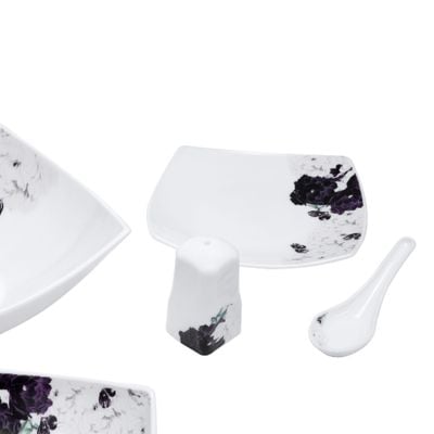 Royalford 71 Piece Opal ware Dinner Set- RF9757| Includes Serving Plates, Dinner Plates, Soup Plates, Dessert Plates, Serving Bowls, Salads Bowls, Spoons, Salt and Pepper Pots| Dishwasher-Safe, Microwave-Safe and Freezer-Friendly| Chip-Resistant and Elegant Design| White and Purple