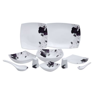 Royalford 71 Piece Opal ware Dinner Set- RF9757| Includes Serving Plates, Dinner Plates, Soup Plates, Dessert Plates, Serving Bowls, Salads Bowls, Spoons, Salt and Pepper Pots| Dishwasher-Safe, Microwave-Safe and Freezer-Friendly| Chip-Resistant and Elegant Design| White and Purple