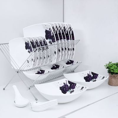 Royalford 71 Piece Opal ware Dinner Set- RF9757| Includes Serving Plates, Dinner Plates, Soup Plates, Dessert Plates, Serving Bowls, Salads Bowls, Spoons, Salt and Pepper Pots| Dishwasher-Safe, Microwave-Safe and Freezer-Friendly| Chip-Resistant and Elegant Design| White and Purple