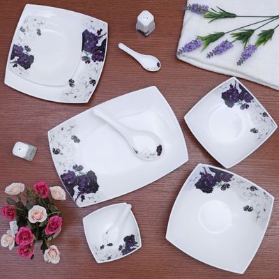 Royalford 71 Piece Opal ware Dinner Set- RF9757| Includes Serving Plates, Dinner Plates, Soup Plates, Dessert Plates, Serving Bowls, Salads Bowls, Spoons, Salt and Pepper Pots| Dishwasher-Safe, Microwave-Safe and Freezer-Friendly| Chip-Resistant and Elegant Design| White and Purple