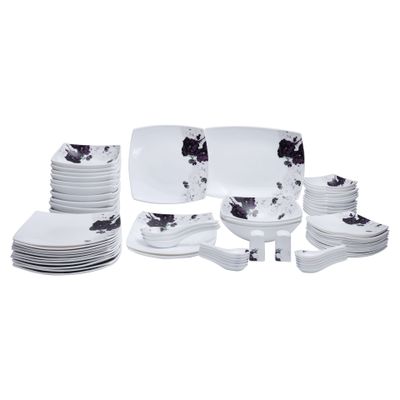 Royalford 71 Piece Opal ware Dinner Set- RF9757| Includes Serving Plates, Dinner Plates, Soup Plates, Dessert Plates, Serving Bowls, Salads Bowls, Spoons, Salt and Pepper Pots| Dishwasher-Safe, Microwave-Safe and Freezer-Friendly| Chip-Resistant and Elegant Design| White and Purple