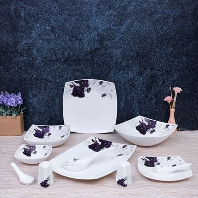 Royalford 71 Piece Opal ware Dinner Set- RF9757| Includes Serving Plates, Dinner Plates, Soup Plates, Dessert Plates, Serving Bowls, Salads Bowls, Spoons, Salt and Pepper Pots| Dishwasher-Safe, Microwave-Safe and Freezer-Friendly| Chip-Resistant and Elegant Design| White and Purple