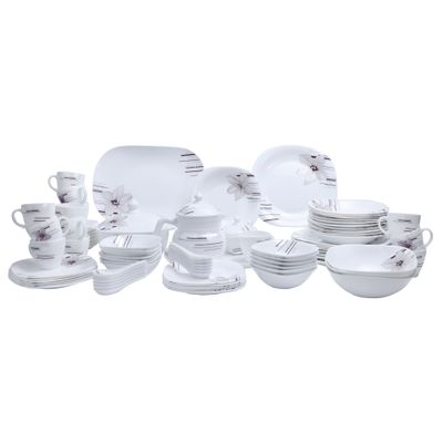 Royalford RF9759 97Pcs Opal Ware Dinner Set - Floral Design Plates, Bowls, Spoons, Cup & Saucer Tea Pot | Comfortable Handling | Ideal for Everyday Use, Family Get- Together, Restaurant, Banquet (Purple Design)