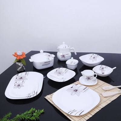 Royalford RF9759 97Pcs Opal Ware Dinner Set - Floral Design Plates, Bowls, Spoons, Cup & Saucer Tea Pot | Comfortable Handling | Ideal for Everyday Use, Family Get- Together, Restaurant, Banquet (Purple Design)