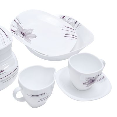 Royalford RF9759 97Pcs Opal Ware Dinner Set - Floral Design Plates, Bowls, Spoons, Cup & Saucer Tea Pot | Comfortable Handling | Ideal for Everyday Use, Family Get- Together, Restaurant, Banquet (Purple Design)