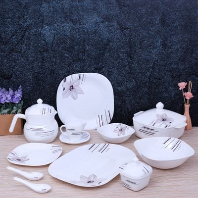 Royalford RF9759 97Pcs Opal Ware Dinner Set - Floral Design Plates, Bowls, Spoons, Cup & Saucer Tea Pot | Comfortable Handling | Ideal for Everyday Use, Family Get- Together, Restaurant, Banquet (Purple Design)