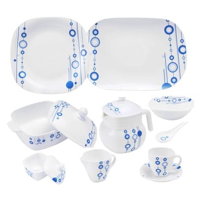 Royalford RF9760 97Pcs Opal Ware Dinner Set - Floral Design Plates, Bowls, Spoons, Cup & Saucer Tea Pot | Comfortable Handling | Ideal for Everyday Use, Family Get- Together, Restaurant, Banquet (Blue Design)