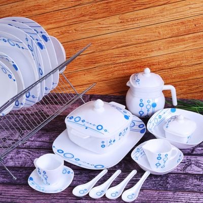 Royalford RF9760 97Pcs Opal Ware Dinner Set - Floral Design Plates, Bowls, Spoons, Cup & Saucer Tea Pot | Comfortable Handling | Ideal for Everyday Use, Family Get- Together, Restaurant, Banquet (Blue Design)