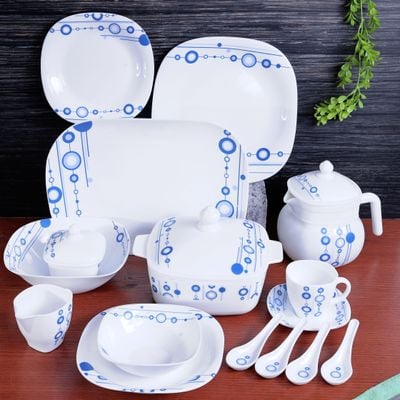 Royalford RF9760 97Pcs Opal Ware Dinner Set - Floral Design Plates, Bowls, Spoons, Cup & Saucer Tea Pot | Comfortable Handling | Ideal for Everyday Use, Family Get- Together, Restaurant, Banquet (Blue Design)