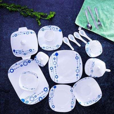 Royalford RF9760 97Pcs Opal Ware Dinner Set - Floral Design Plates, Bowls, Spoons, Cup & Saucer Tea Pot | Comfortable Handling | Ideal for Everyday Use, Family Get- Together, Restaurant, Banquet (Blue Design)