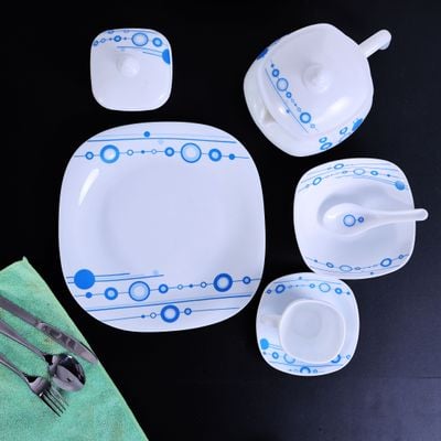 Royalford RF9760 97Pcs Opal Ware Dinner Set - Floral Design Plates, Bowls, Spoons, Cup & Saucer Tea Pot | Comfortable Handling | Ideal for Everyday Use, Family Get- Together, Restaurant, Banquet (Blue Design)