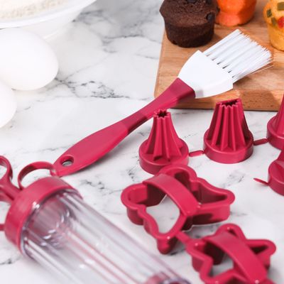 15 Pcs Cookie Set, Premium Quality PP & PS, 6 Cookie Cutter | RF10108 | Decorative Syringe with 6 Nozzles | Brush & Container | Baking Supplies Frosting Tools Set