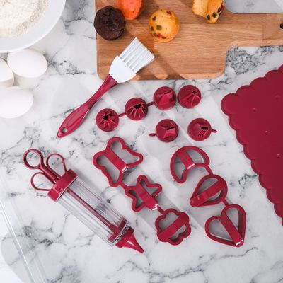 15 Pcs Cookie Set, Premium Quality PP & PS, 6 Cookie Cutter | RF10108 | Decorative Syringe with 6 Nozzles | Brush & Container | Baking Supplies Frosting Tools Set