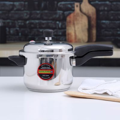 Royalford 3 Liter Stainless Steel Pressure  Cooker, RF10184 | Metallic Safety Plug | Controlled GRS | Compatible With Induction, Hot Plate, Halogen, Gas