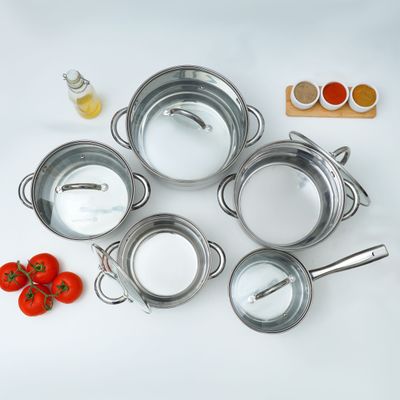 10Pcs Stainless Steel Cookware Set, Dishwasher Safe, RF10390 | Induction Compatible Base, Strong, Heavy-Duty Riveted Handles