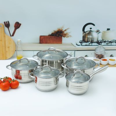 10Pcs Stainless Steel Cookware Set, Dishwasher Safe, RF10390 | Induction Compatible Base, Strong, Heavy-Duty Riveted Handles