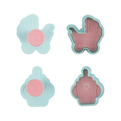 Royalford Cookie Cutter- RF10970 | Baby Theme Cookie Cutter | Fondant Cutter| Plastic Cookie Cutter| Cookie Cutter with Handle| Pram, Baby Dress, Rocking Horse, Feeding Bottle| Set of 4