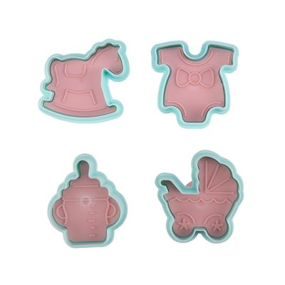 Royalford Cookie Cutter- RF10970 | Baby Theme Cookie Cutter | Fondant Cutter| Plastic Cookie Cutter| Cookie Cutter with Handle| Pram, Baby Dress, Rocking Horse, Feeding Bottle| Set of 4