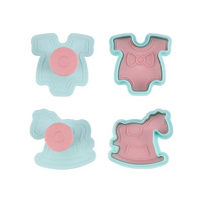 Royalford Cookie Cutter- RF10970 | Baby Theme Cookie Cutter | Fondant Cutter| Plastic Cookie Cutter| Cookie Cutter with Handle| Pram, Baby Dress, Rocking Horse, Feeding Bottle| Set of 4