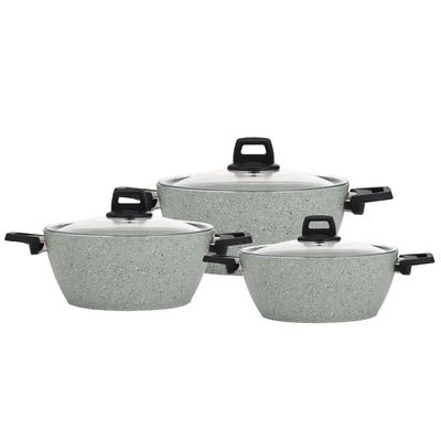 Royalford Scoria 9pcs Granite Coated Cookware Set, RF10979 | Aluminium Pot and Pan | Casserole, Shallow Pot, Frypan with Bakelite Handles | Tempered Glass Lid