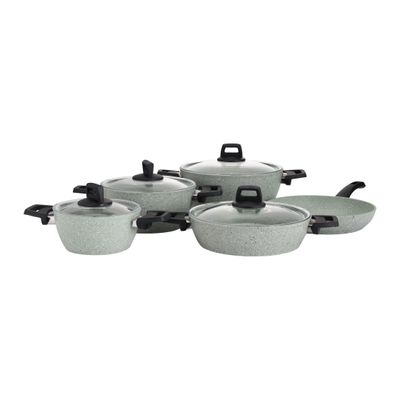 Royalford Scoria 9pcs Granite Coated Cookware Set, RF10979 | Aluminium Pot and Pan | Casserole, Shallow Pot, Frypan with Bakelite Handles | Tempered Glass Lid