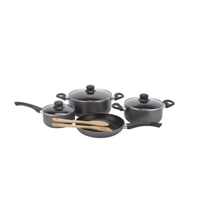 Royalford 9-Piece Non-Stick Cookware Set- RF11642| Aluminum Body With 3-Layer Construction, CD Bottom, Bakelite Handles And Glass Lid| Includes Casserole, Saucepan, Fry Pan, Bamboo Kitchen Tools| PTFE-Free And PFOA-Free| Black