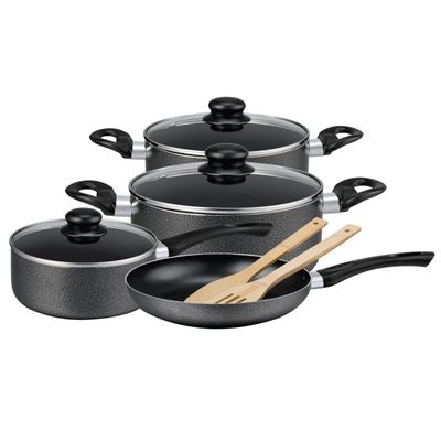 Royalford 9-Piece Non-Stick Cookware Set- RF11642| Aluminum Body With 3-Layer Construction, CD Bottom, Bakelite Handles And Glass Lid| Includes Casserole, Saucepan, Fry Pan, Bamboo Kitchen Tools| PTFE-Free And PFOA-Free| Black