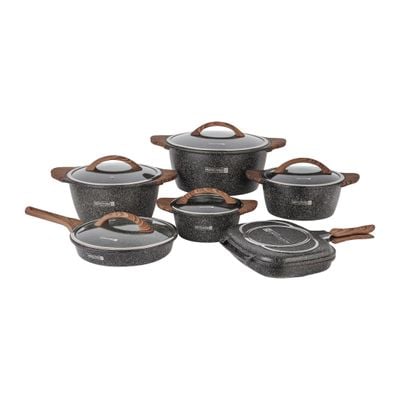 Royalford Granoware 12-Piece Cookware Set- RF11737| Die Cast Aluminum with Granite Coated Body| Induction Base, Wooden Finish Bakelite Handles and Tempered Glass Lid| Includes Casseroles, Grill pan, and Fry Pan| Blue