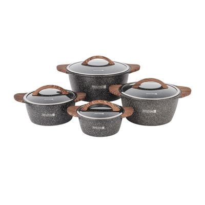 Royalford Granoware 12-Piece Cookware Set- RF11737| Die Cast Aluminum with Granite Coated Body| Induction Base, Wooden Finish Bakelite Handles and Tempered Glass Lid| Includes Casseroles, Grill pan, and Fry Pan| Blue