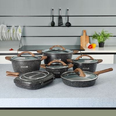 Royalford Granoware 12-Piece Cookware Set- RF11737| Die Cast Aluminum with Granite Coated Body| Induction Base, Wooden Finish Bakelite Handles and Tempered Glass Lid| Includes Casseroles, Grill pan, and Fry Pan| Blue