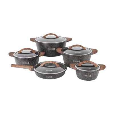 Royalford Granoware 10-Piece Cookware Set- RF11738| Die Cast Aluminum with Granite Coated Body| Induction Base, Wooden Finish Bakelite Handles and Tempered Glass Lid| Includes Casseroles, Grill pan, and Fry Pan| Grey