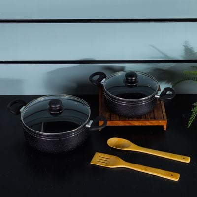 Royalford Ritz 9-Piece Non-Stick Cookware Set- RF11759| Aluminum Body With 3-Layer Construction, CD Bottom, Bakelite Handles And Glass Lid| Includes Casserole, Saucepan, Fry Pan, Bamboo Kitchen Tools| PFOA-Free, Non-Stick Interior and Granite Exterior| Black