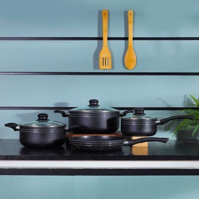 Royalford Ritz 9-Piece Non-Stick Cookware Set- RF11759| Aluminum Body With 3-Layer Construction, CD Bottom, Bakelite Handles And Glass Lid| Includes Casserole, Saucepan, Fry Pan, Bamboo Kitchen Tools| PFOA-Free, Non-Stick Interior and Granite Exterior| Black