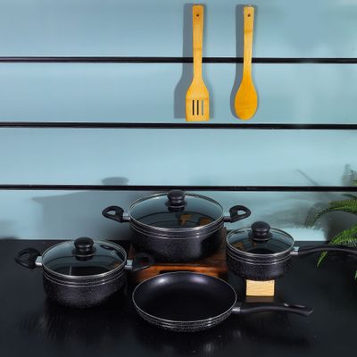 Royalford Ritz 9-Piece Non-Stick Cookware Set- RF11759| Aluminum Body With 3-Layer Construction, CD Bottom, Bakelite Handles And Glass Lid| Includes Casserole, Saucepan, Fry Pan, Bamboo Kitchen Tools| PFOA-Free, Non-Stick Interior and Granite Exterior| Black