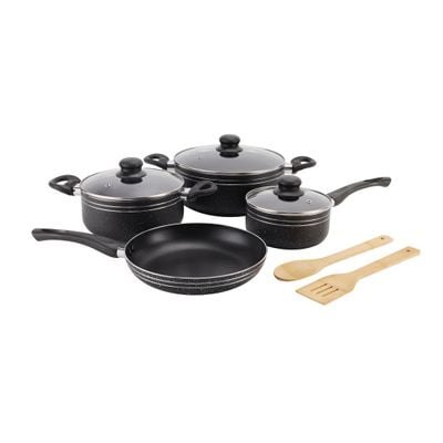 Royalford Ritz 9-Piece Non-Stick Cookware Set- RF11759| Aluminum Body With 3-Layer Construction, CD Bottom, Bakelite Handles And Glass Lid| Includes Casserole, Saucepan, Fry Pan, Bamboo Kitchen Tools| PFOA-Free, Non-Stick Interior and Granite Exterior| Black