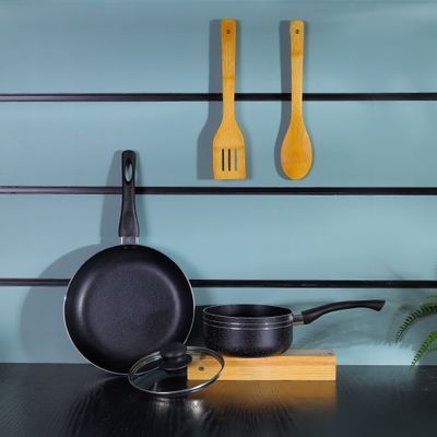 Royalford Ritz 9-Piece Non-Stick Cookware Set- RF11759| Aluminum Body With 3-Layer Construction, CD Bottom, Bakelite Handles And Glass Lid| Includes Casserole, Saucepan, Fry Pan, Bamboo Kitchen Tools| PFOA-Free, Non-Stick Interior and Granite Exterior| Black