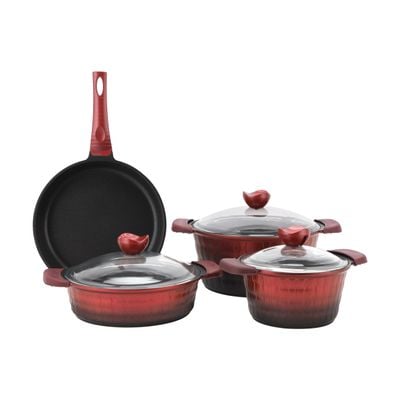 Royalford 7-Piece Die-Cast Cookware Set- RF11775| Includes Deep Pots, Short Pots, Frypan| Die-Cast Aluminum Body with Extra Thick Base and Non-Stick Interior| Extended Handles with Silicone Sleeve and Bakelite Handles and Glass Lid| Red and Black