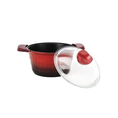 Royalford 7-Piece Die-Cast Cookware Set- RF11775| Includes Deep Pots, Short Pots, Frypan| Die-Cast Aluminum Body with Extra Thick Base and Non-Stick Interior| Extended Handles with Silicone Sleeve and Bakelite Handles and Glass Lid| Red and Black