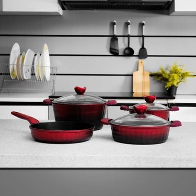 Royalford 7-Piece Die-Cast Cookware Set- RF11775| Includes Deep Pots, Short Pots, Frypan| Die-Cast Aluminum Body with Extra Thick Base and Non-Stick Interior| Extended Handles with Silicone Sleeve and Bakelite Handles and Glass Lid| Red and Black