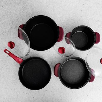 Royalford 7-Piece Die-Cast Cookware Set- RF11775| Includes Deep Pots, Short Pots, Frypan| Die-Cast Aluminum Body with Extra Thick Base and Non-Stick Interior| Extended Handles with Silicone Sleeve and Bakelite Handles and Glass Lid| Red and Black