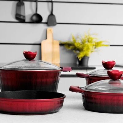 Royalford 7-Piece Die-Cast Cookware Set- RF11775| Includes Deep Pots, Short Pots, Frypan| Die-Cast Aluminum Body with Extra Thick Base and Non-Stick Interior| Extended Handles with Silicone Sleeve and Bakelite Handles and Glass Lid| Red and Black